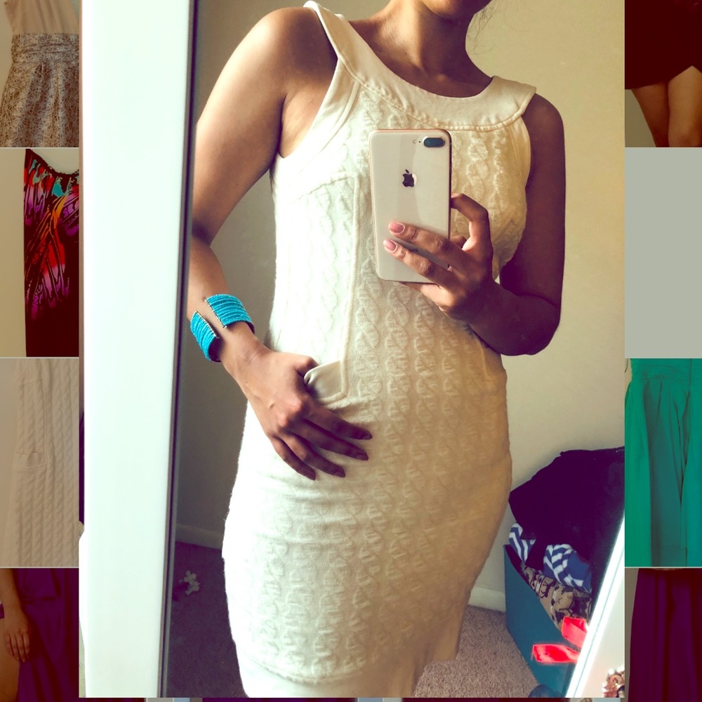 Sophisticated knee length, tight beige dress